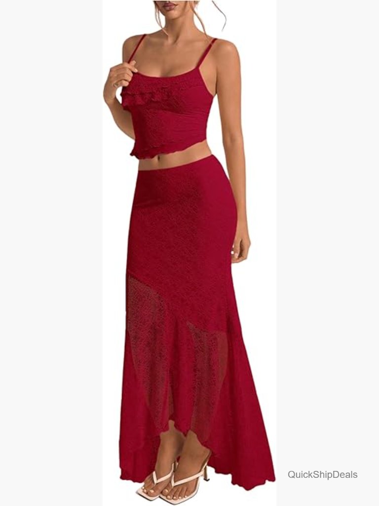 Two Piece Maxi Skirt Set Lace Crop Top Asymmetrical Bodycon Skirt Summer Outfit